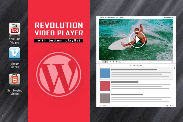 Revolution Video Player plugin banner showing a video with a playlist along the bottom