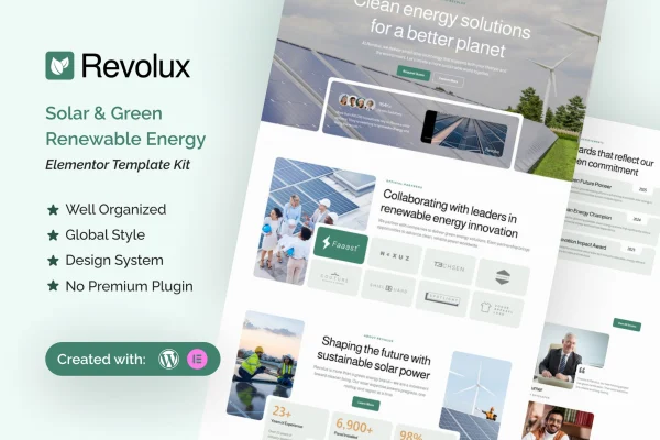Revolux solar and green renewable energy Elementor template kit preview