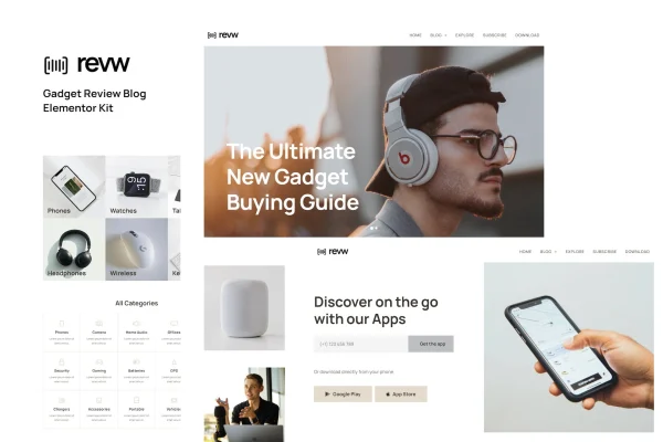 Revw gadget review blog Elementor template kit preview