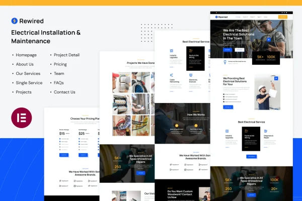 Rewired electrical installation and maintenance services Elementor template kit preview