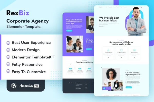 Rexbiz corporate agency Elementor template kit preview