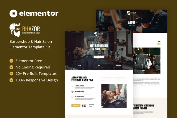 Rhazor barbershop and hair salon Elementor template kit preview