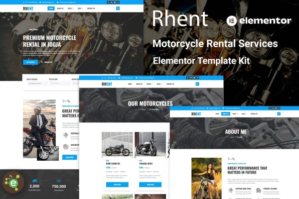 Rhent motorcycle rental Elementor template kit preview