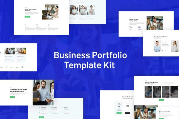 Rhodos business portfolio Elementor template kit cover showing page layouts