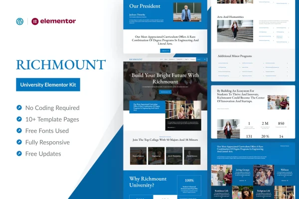 Richmount University education Elementor Pro template kit preview