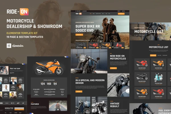 Ride ON motorcycle dealership Elementor template kit preview