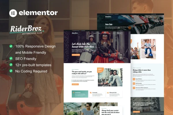 RiderBroz motorcycle club Elementor template kit preview