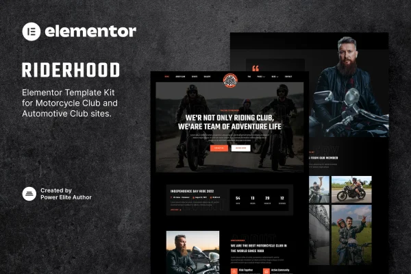 Riderhood motorcycle club Elementor template kit preview with biker themed page layouts