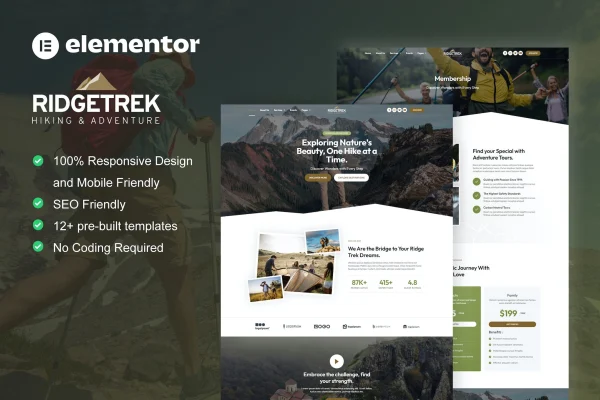 RidgeTrek hiking and adventure Elementor template kit preview