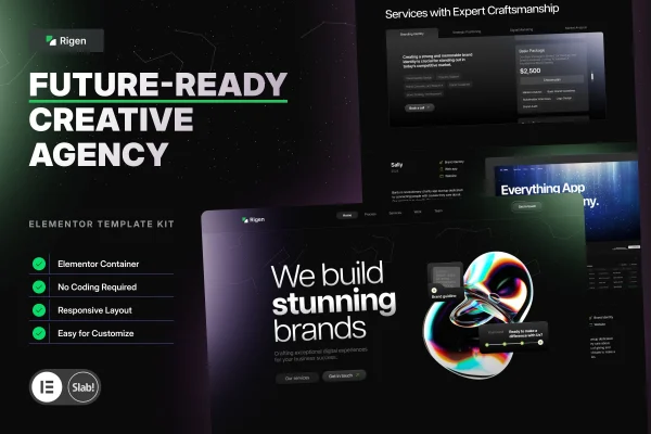 Rigen creative agency Elementor template kit page previews