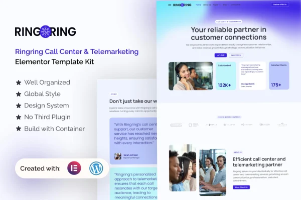 Ringring call center and telemarketing Elementor template kit preview