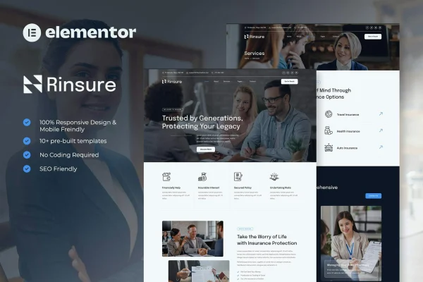 Rinsure insurance agency Elementor template kit preview