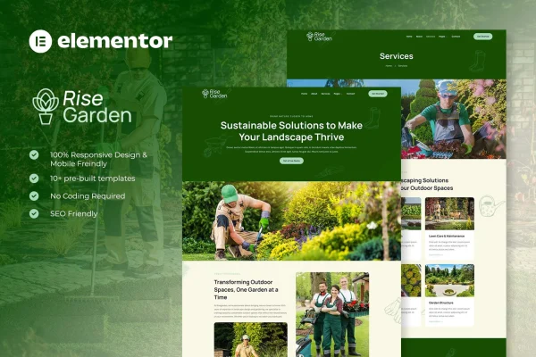 Risegarden landscaping and gardening Elementor template kit preview