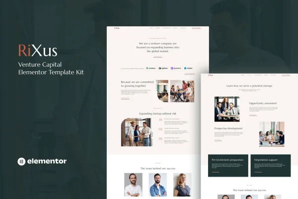 RiXus venture capital Elementor template kit preview showing website page layouts