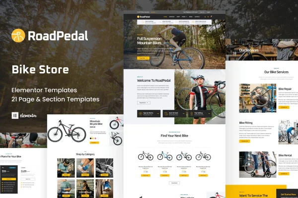 RoadPedal bicycle store Elementor template kit cover image