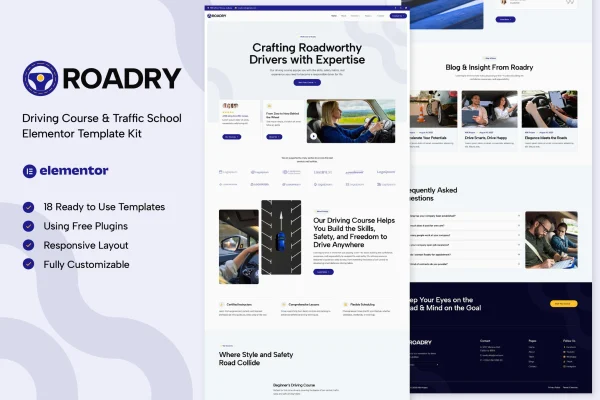 Roadry driving course and traffic school Elementor template kit preview