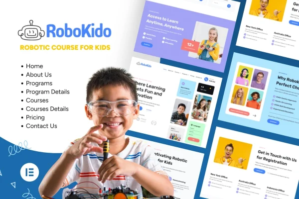 Robokido Elementor template kit cover showing a colorful kids' online learning website