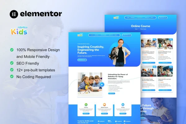 RoboticaKids Elementor template kit preview for a kids robotics school website