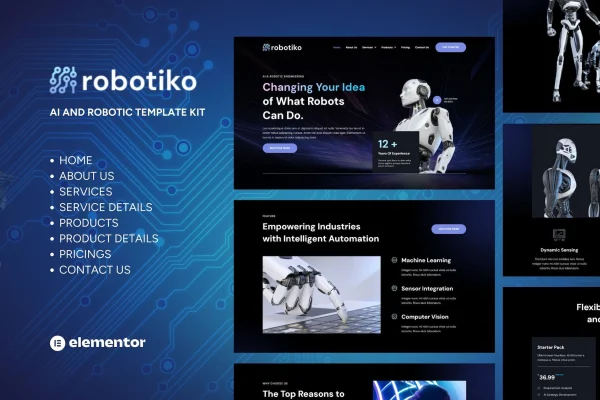 Robotiko robotics and AI Elementor template kit preview