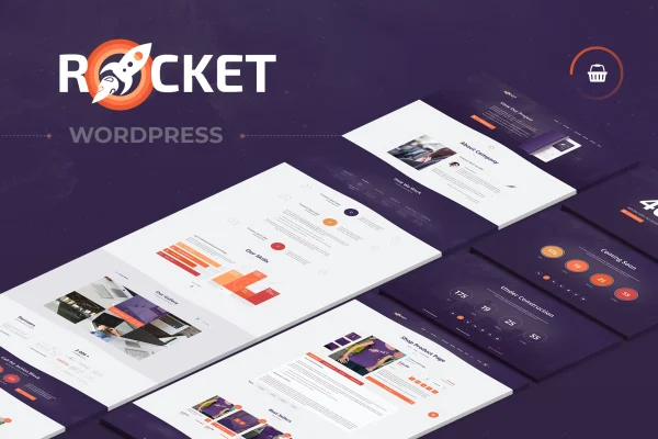 Rocket creative multipurpose WordPress theme preview showing demo layouts