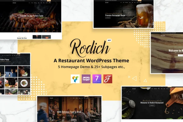 Rodich restaurant WordPress theme preview with homepage and food menu layouts