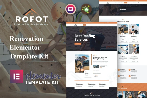 Rofot renovation Elementor template kit preview showing website page layouts