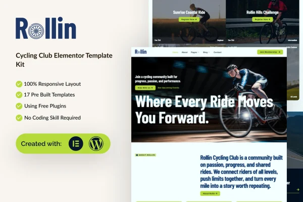 Rollin cycling club Elementor template kit cover showing website page layouts