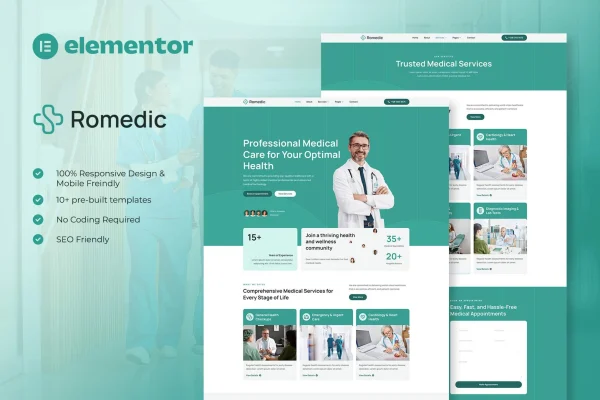 Romedic hospital and medical clinic Elementor template kit preview