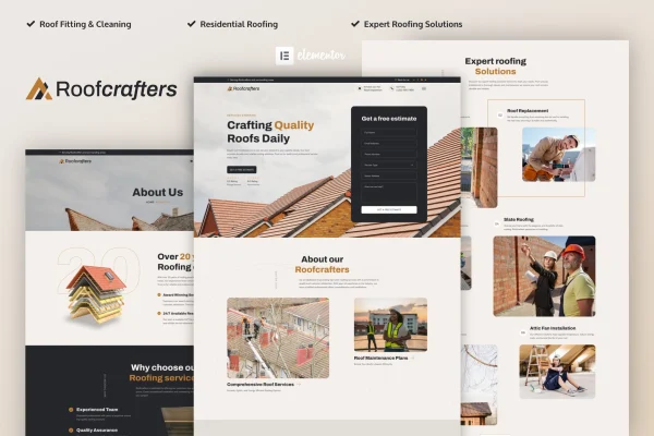 Roofcrafters roofing company Elementor template kit preview