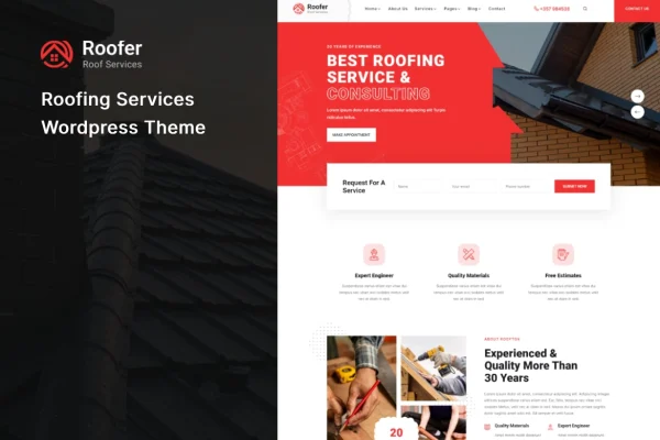 Roofer Theme preview showing a roofing services website layout