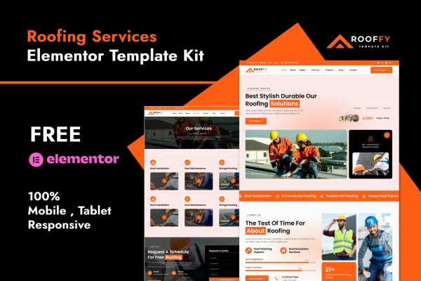 Rooffy roofing services Elementor template kit cover image
