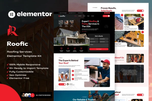 Roofic roofing services Elementor template kit cover image