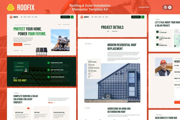 Roofix roofing and solar Elementor template kit preview