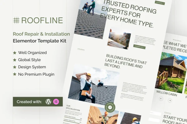 Roofline roof repair and installation Elementor template kit preview