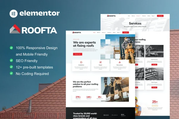 Roofta roofing services Elementor template kit preview