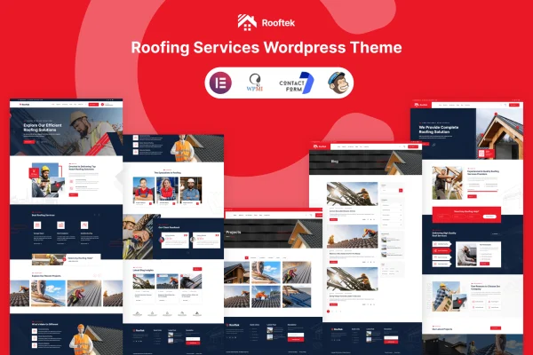 Rooftek roofing services WordPress theme preview with homepage layout