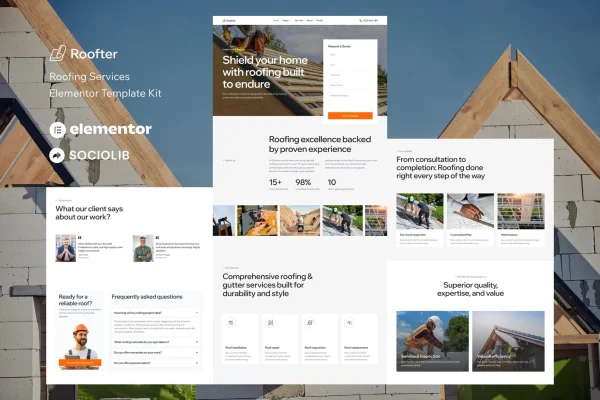 Roofter roofing services Elementor template kit cover image