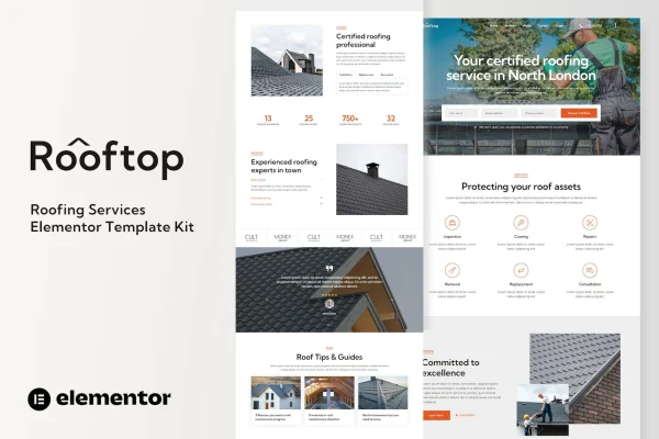 Rooftop roofing service Elementor template kit page previews