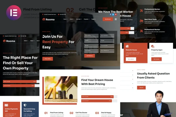 Rooma real estate and house developer Elementor template kit preview