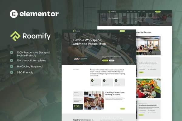 Roomify coworking creative space Elementor template kit preview