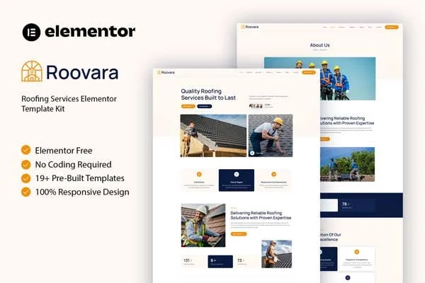 Roovara roofing services Elementor template kit preview