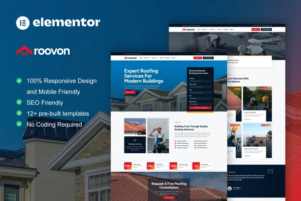 Roovon roofing services Elementor Pro template kit preview