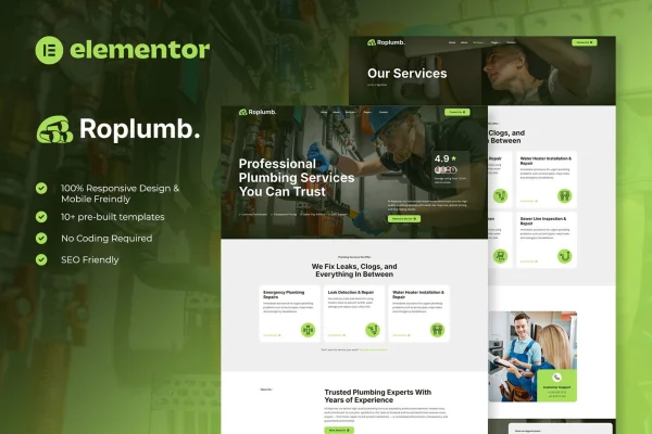 Roplumb plumbing service Elementor template kit preview