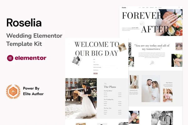 Roselia wedding Elementor template kit preview with elegant romantic page layouts