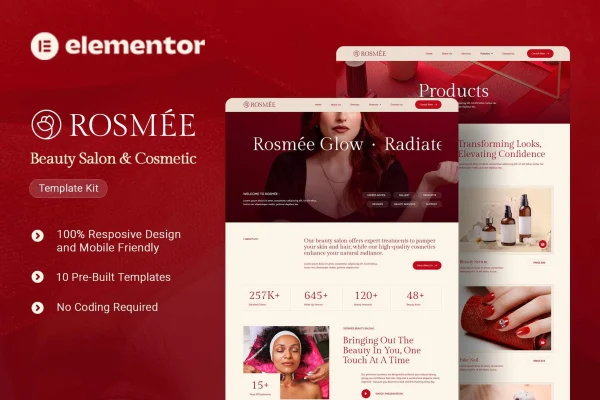 Rosmee beauty salon and cosmetic Elementor template kit preview