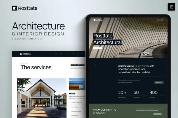 Rosttate architecture and interior design Elementor template kit preview