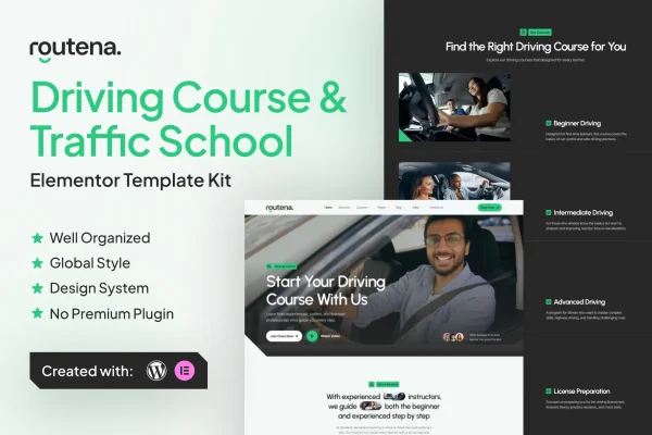 Routena driving school Elementor template kit preview