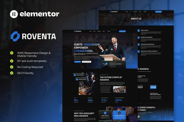 Roventa event and conference Elementor template kit preview