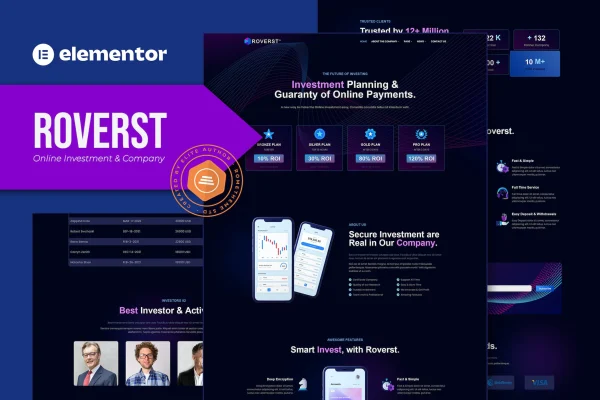 Roverst Elementor template kit preview showing dark investment website layouts