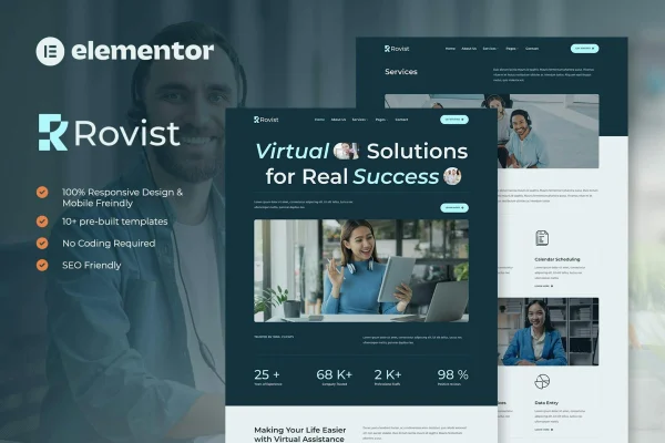 Rovist virtual assistant Elementor template kit page layouts preview